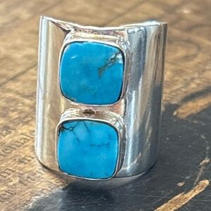 Vintage Sterling Silver Double Turquoise Wide Cuff Statement Ring 925 Size 6